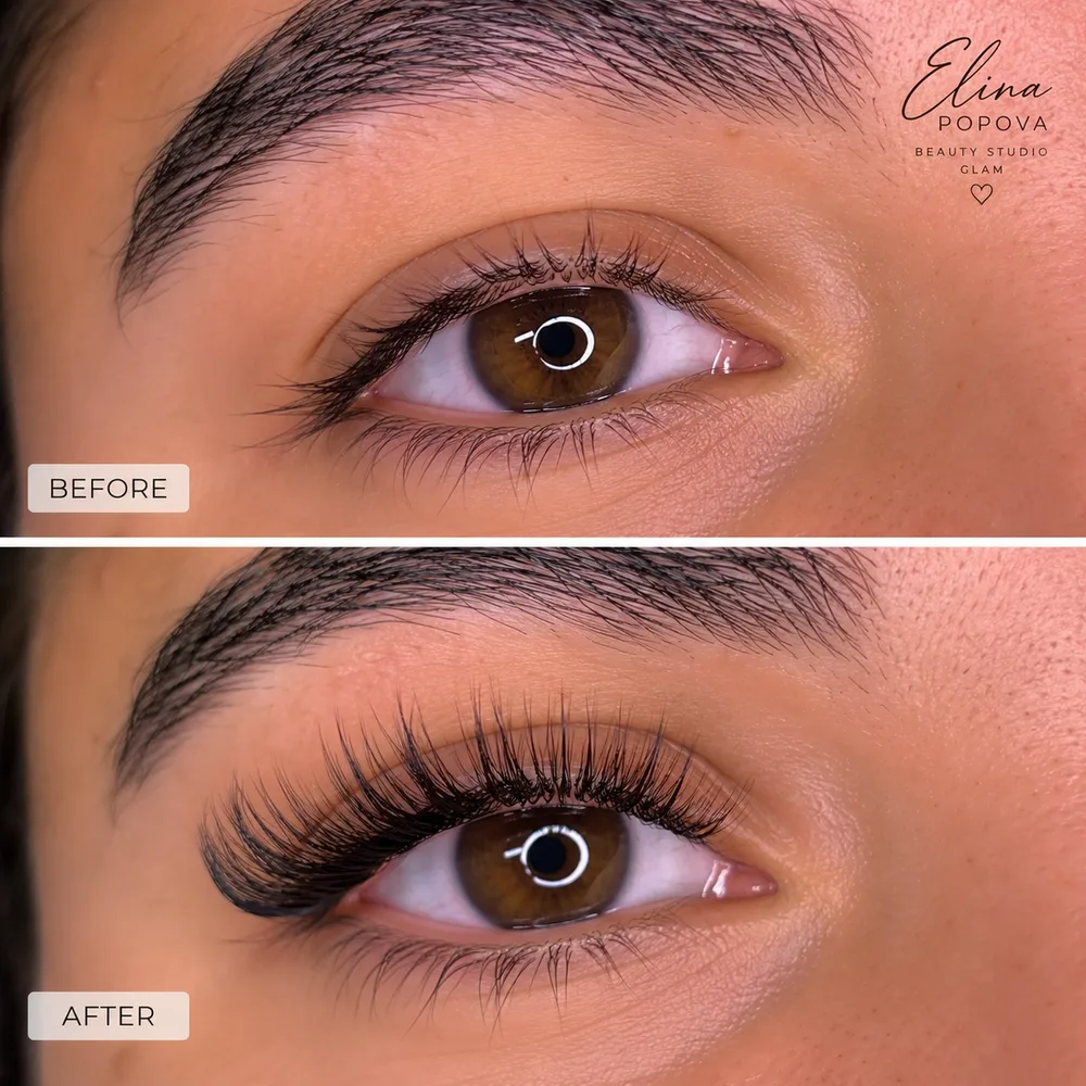 Before and after a lash extension set: top natural lashes, bottom full extensions